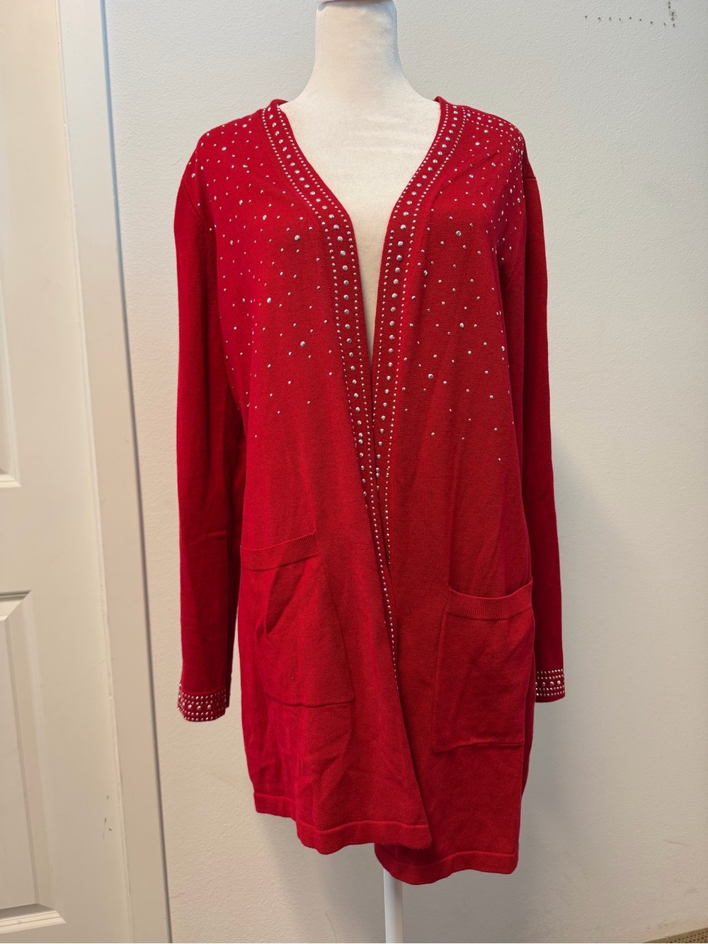 80 Park Red Rhinestone Long Cardigan Sweater Size L Modest Christmas Holiday